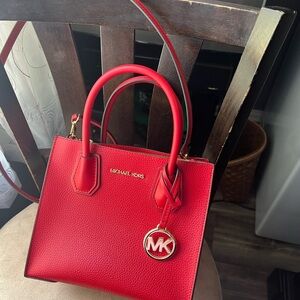 Michael Kors Red Pebbled Leather Satchel with Gold MK Charm